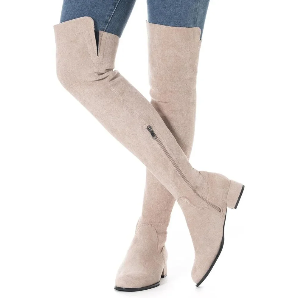 Women Neutral/1in Suede Over the Knee Thigh High Chunky Block Heel Winter Boots
